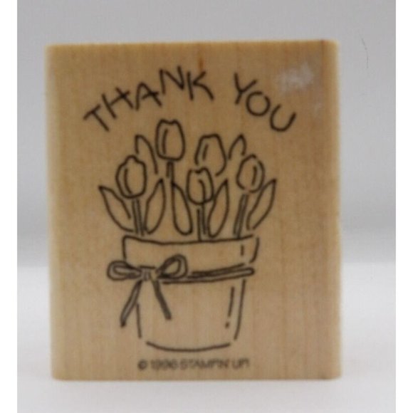 Stamp Wooden Thank You Pot of Tulips Stampin' Up! ©1996 2 1/4" x 2" - Picture 1 of 4